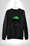Paskalya Tavşanı Hip Hop Yeşil Şapka Erkek Kadın Unisex Dijital Baskılı Siyah Sweatshirt