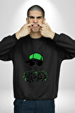Paskalya Tavşanı Hip Hop Yeşil Şapka Erkek Kadın Unisex Dijital Baskılı Siyah Sweatshirt