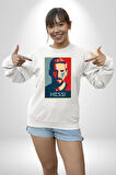 Messi Portre Dijital Sanat Baskısı Erkek Kadın Unisex Dijital Baskılı Beyaz Sweatshirt