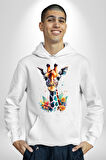 Yapay Zeka Sanat Zürafa Çiçekler Çizimi Erkek Kadın Beyaz Dijital Baskılı Kapüşonlu Sweatshirt Hoodie