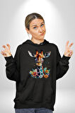 Yapay Zeka Sanat Zürafa Çiçekler Çizimi Erkek Kadın Siyah Dijital Baskılı Kapüşonlu Sweatshirt Hoodie