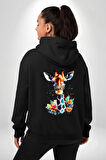 Yapay Zeka Sanat Zürafa Çiçekler Çizimi Erkek Kadın Siyah Ön Sırt Baskılı Kapüşonlu Sweatshirt Hoodie