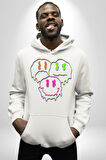 Neon Kafatası Gülen Somurtgan Eriyen Emoji Erkek Kadın Beyaz Dijital Baskılı Kapüşonlu Sweatshirt Hoodie