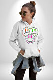 Neon Kafatası Gülen Somurtgan Eriyen Emoji Erkek Kadın Beyaz Dijital Baskılı Kapüşonlu Sweatshirt Hoodie
