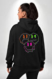 Neon Kafatası Gülen Somurtgan Eriyen Emoji Erkek Kadın Siyah Ön Sırt Baskılı Kapüşonlu Sweatshirt Hoodie