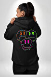 Neon Kafatası Gülen Somurtgan Eriyen Emoji Erkek Kadın Siyah Ön Sırt Baskılı Kapüşonlu Sweatshirt Hoodie