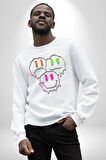 Neon Kafatası Gülen Somurtgan Eriyen Emoji Erkek Kadın Unisex Dijital Baskılı Beyaz Sweatshirt
