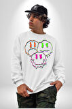 Neon Kafatası Gülen Somurtgan Eriyen Emoji Erkek Kadın Unisex Dijital Baskılı Beyaz Sweatshirt
