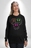 Neon Kafatası Gülen Somurtgan Eriyen Emoji Erkek Kadın Unisex Dijital Baskılı Siyah Sweatshirt