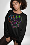 Neon Kafatası Gülen Somurtgan Eriyen Emoji Erkek Kadın Unisex Dijital Baskılı Siyah Sweatshirt
