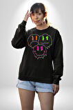 Neon Kafatası Gülen Somurtgan Eriyen Emoji Erkek Kadın Unisex Dijital Baskılı Siyah Sweatshirt