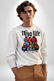 Thug Life Korku Sineması Kara Cuma Karakter Erkek Kadın Unisex Dijital Baskılı Beyaz Sweatshirt