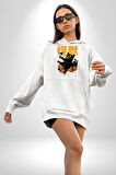 Kaiju Anime Kedi Canavarı Film Kore Style Erkek Kadın Beyaz Dijital Baskılı Kapüşonlu Sweatshirt Hoodie