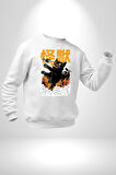 Kaiju Anime Kedi Canavarı Film Kore Style Erkek Kadın Unisex Dijital Baskılı Beyaz Sweatshirt