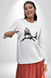 Dövme Shark Okyanus Köpekbalığı Erkek Kadın Unisex Dijital Baskılı Beyaz Sweatshirt