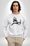 Dövme Shark Okyanus Köpekbalığı Erkek Kadın Unisex Dijital Baskılı Beyaz Sweatshirt