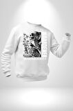 İskelet Aşkı Kuş Kırk Kalp Ve Kuru Çiçekler Erkek Kadın Unisex Dijital Baskılı Beyaz Sweatshirt