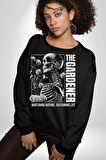 İskelet Aşkı Kuş Kırk Kalp Ve Kuru Çiçekler Erkek Kadın Unisex Dijital Baskılı Siyah Sweatshirt