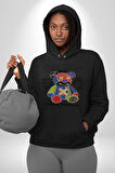 Teddy Sokak Giyimi Ayı Kötü Tavşan Erkek Kadın Siyah Dijital Baskılı Kapüşonlu Sweatshirt Hoodie