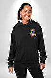 Teddy Sokak Giyimi Ayı Kötü Tavşan Erkek Kadın Siyah Ön Sırt Baskılı Kapüşonlu Sweatshirt Hoodie