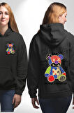 Teddy Sokak Giyimi Ayı Kötü Tavşan Erkek Kadın Siyah Ön Sırt Baskılı Kapüşonlu Sweatshirt Hoodie