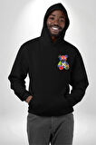 Teddy Sokak Giyimi Ayı Kötü Tavşan Erkek Kadın Siyah Ön Sırt Baskılı Kapüşonlu Sweatshirt Hoodie