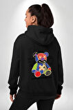 Teddy Sokak Giyimi Ayı Kötü Tavşan Erkek Kadın Siyah Ön Sırt Baskılı Kapüşonlu Sweatshirt Hoodie