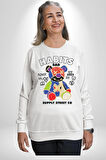 Teddy Sokak Giyimi Ayı Kötü Tavşan Erkek Kadın Unisex Dijital Baskılı Beyaz Sweatshirt