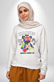 Teddy Sokak Giyimi Ayı Kötü Tavşan Erkek Kadın Unisex Dijital Baskılı Beyaz Sweatshirt