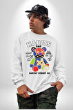Teddy Sokak Giyimi Ayı Kötü Tavşan Erkek Kadın Unisex Dijital Baskılı Beyaz Sweatshirt