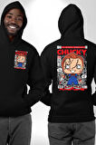Chucky Korku Karakteri Pop Art Tasarım Erkek Kadın Siyah Ön Sırt Baskılı Kapüşonlu Sweatshirt Hoodie