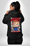 Chucky Korku Karakteri Pop Art Tasarım Erkek Kadın Siyah Ön Sırt Baskılı Kapüşonlu Sweatshirt Hoodie