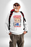 Chucky Korku Karakteri Pop Art Tasarım Erkek Kadın Unisex Dijital Baskılı Beyaz Sweatshirt
