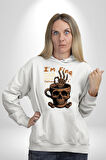 İskelet Kupa Sadece İyi Kahveye İhtiyacım Var Erkek Kadın Beyaz Dijital Baskılı Kapüşonlu Sweatshirt Hoodie