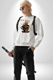 İskelet Kupa Sadece İyi Kahveye İhtiyacım Var Erkek Kadın Unisex Dijital Baskılı Beyaz Sweatshirt