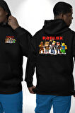 Roblox Karakter Tasarımı Oyun Severlere Özel Erkek Kadın Siyah Ön Sırt Baskılı Kapüşonlu Sweatshirt Hoodie