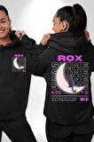 Siyah Kedi Ay Rox Sokak Style Erkek Kadın Siyah Ön Sırt Baskılı Kapüşonlu Sweatshirt Hoodie