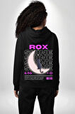 Siyah Kedi Ay Rox Sokak Style Erkek Kadın Siyah Ön Sırt Baskılı Kapüşonlu Sweatshirt Hoodie