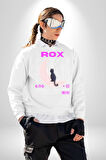 Siyah Kedi Ay Rox Sokak Style Erkek Kadın Unisex Dijital Baskılı Beyaz Sweatshirt