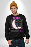 Siyah Kedi Ay Rox Sokak Style Erkek Kadın Unisex Dijital Baskılı Siyah Sweatshirt
