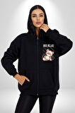 Relax Teddy Ayı Gül Erkek Kadın Siyah Fermuarlı Baskılı Hırka Sweatshirt
