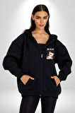 Relax Teddy Ayı Gül Erkek Kadın Siyah Fermuarlı Baskılı Hırka Sweatshirt