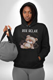 Relax Teddy Ayı Gül Erkek Kadın Siyah Dijital Baskılı Kapüşonlu Sweatshirt Hoodie