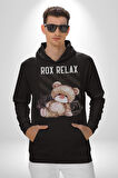Relax Teddy Ayı Gül Erkek Kadın Siyah Dijital Baskılı Kapüşonlu Sweatshirt Hoodie
