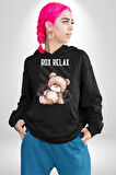 Relax Teddy Ayı Gül Erkek Kadın Siyah Dijital Baskılı Kapüşonlu Sweatshirt Hoodie