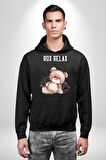 Relax Teddy Ayı Gül Erkek Kadın Siyah Dijital Baskılı Kapüşonlu Sweatshirt Hoodie