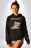 Relax Teddy Ayı Gül Erkek Kadın Siyah Dijital Baskılı Kapüşonlu Sweatshirt Hoodie