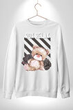 Relax Teddy Ayı Gül Erkek Kadın Unisex Dijital Baskılı Beyaz Sweatshirt