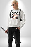 Relax Teddy Ayı Gül Erkek Kadın Unisex Dijital Baskılı Beyaz Sweatshirt