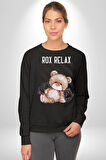 Relax Teddy Ayı Gül Erkek Kadın Unisex Dijital Baskılı Siyah Sweatshirt